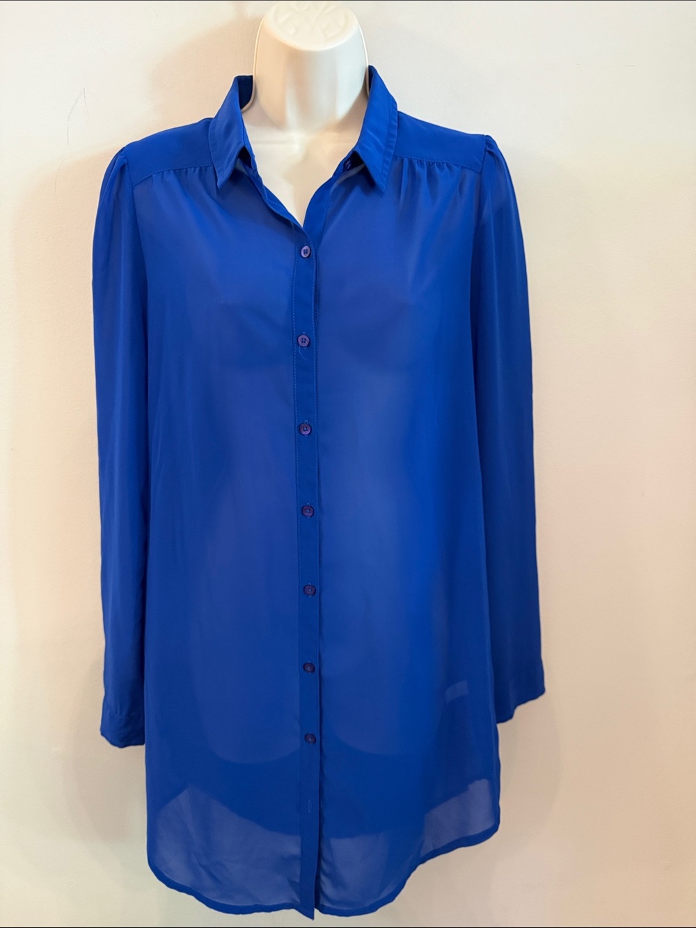 Frenchi Classic Cobalt Blue Long-Sleeve Button-Up Extra Long Blouse size medium